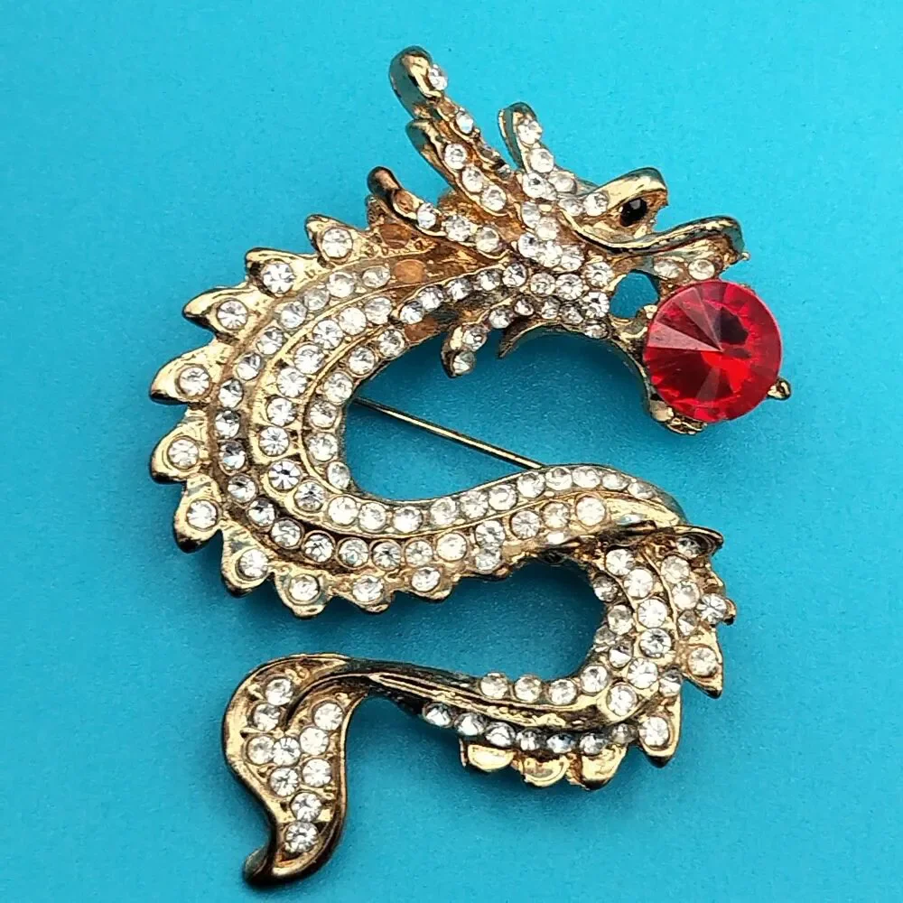 Sparkling Gold Tone Dragon Brooch Pin Red Crystal Ball Clear Rhinestones Fashion